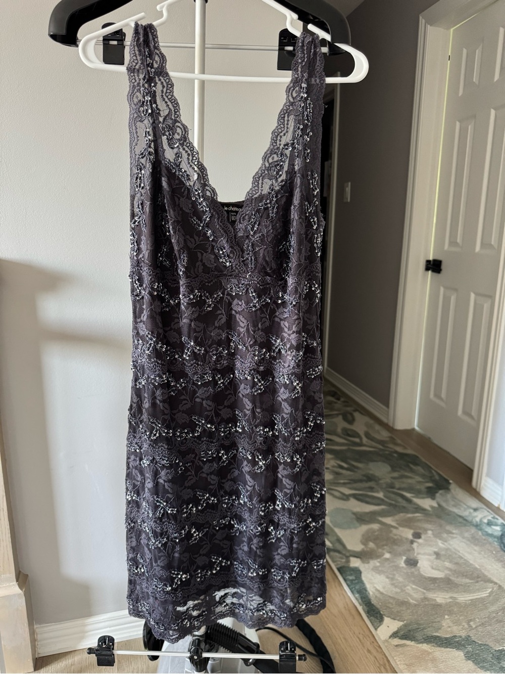le chateau Charcoal Gray Lace Midi Slip Dress
